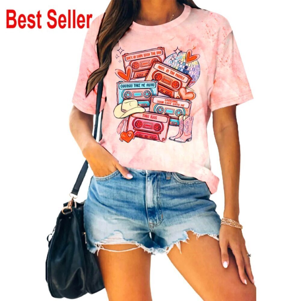 Vintage Cassette Tape Valentine's Day T-Shirt, Cotton Blend, Loose Fit